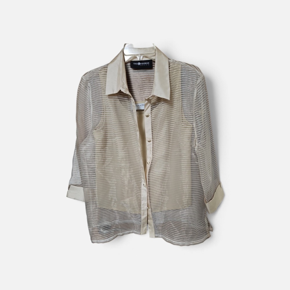 Sag Harbor Dress 2 Pce Set Sheer Ribbed Blouse and Camisole Champagne Beige 0422